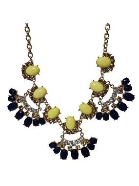 Vintage Chunky Beaded Bib Necklace Yellow Navy Blue Beads Statement Jewelry